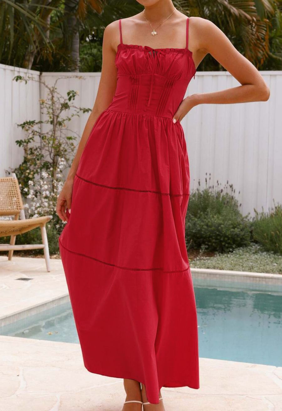 Button Decor Pintuck Eyelet Shirred Dress in Red