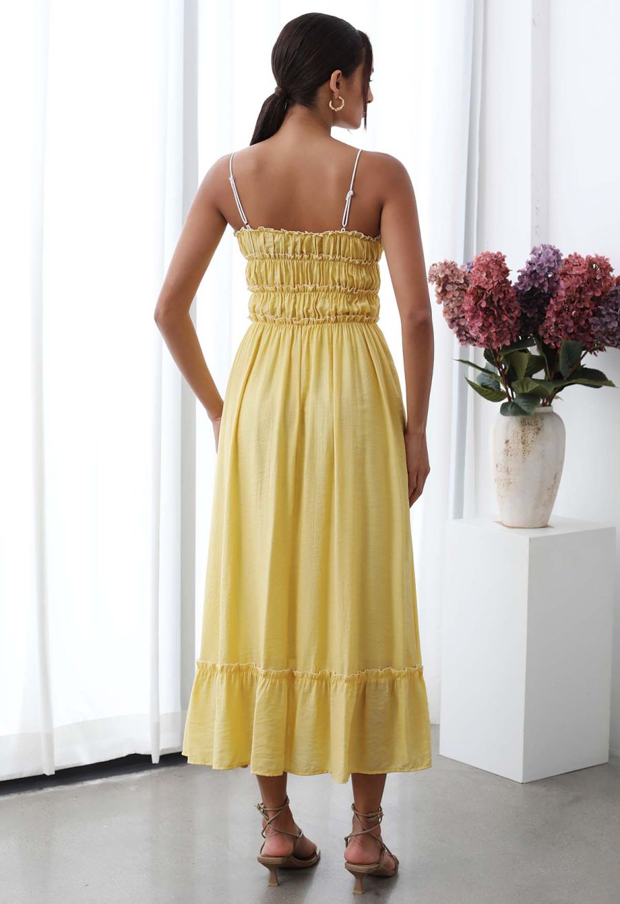 Self-Tie Bowknot Ruffle Cami Midi Dress in Yellow