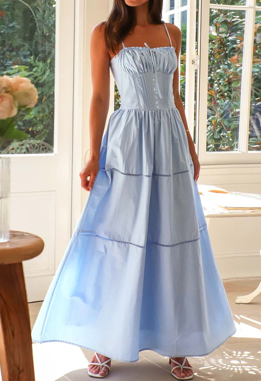 Button Decor Pintuck Eyelet Shirred Dress in Light Blue