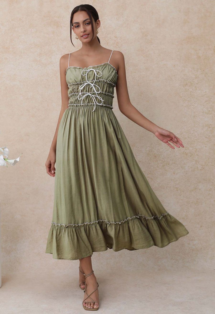 Self-Tie Bowknot Ruffle Cami Midi Dress in Moss Green