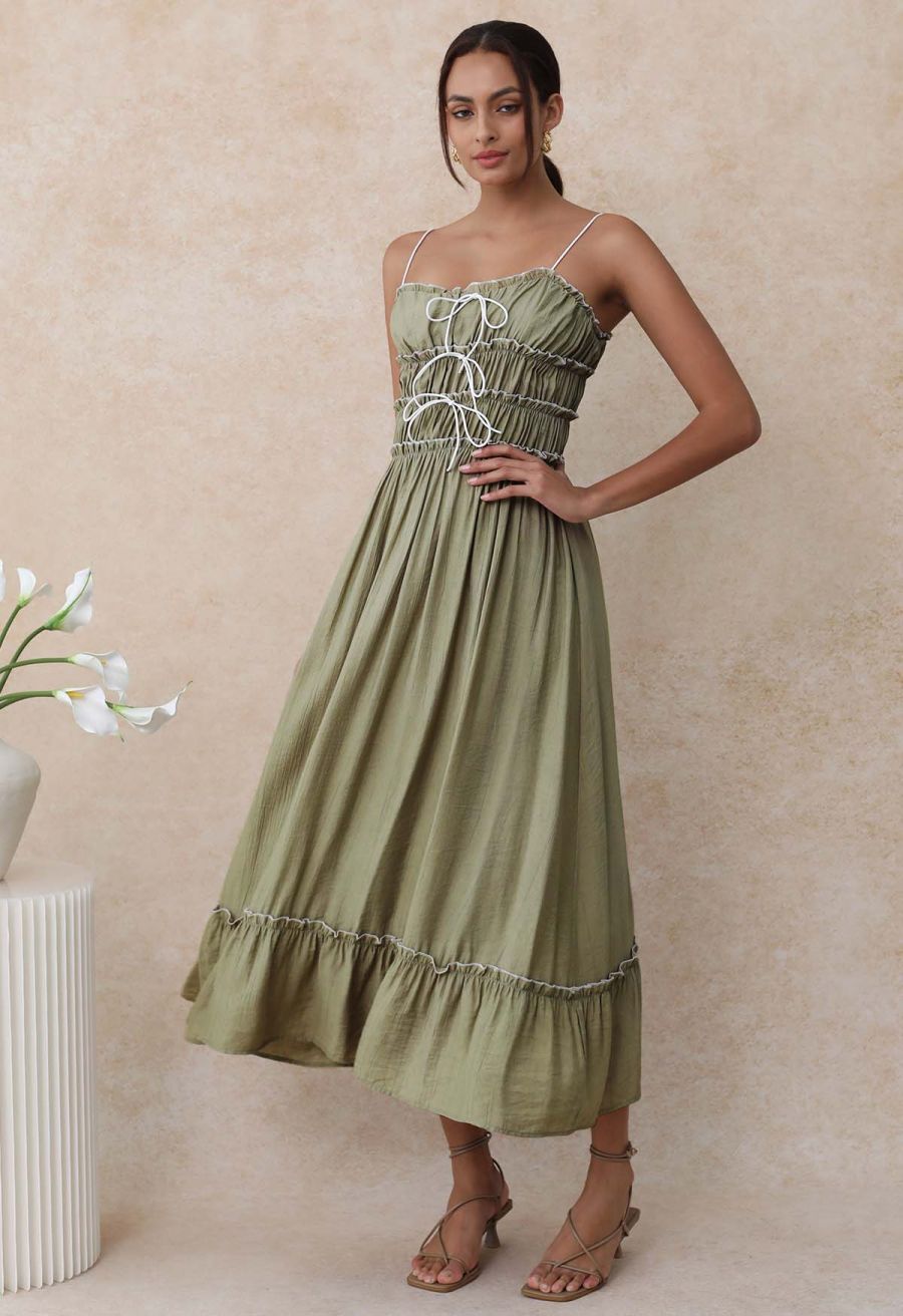Self-Tie Bowknot Ruffle Cami Midi Dress in Moss Green