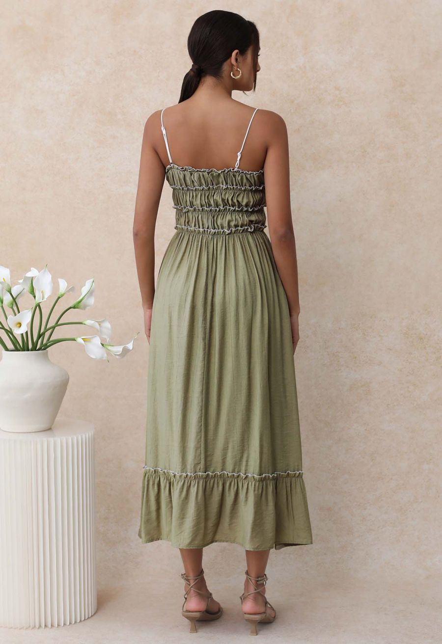 Self-Tie Bowknot Ruffle Cami Midi Dress in Moss Green