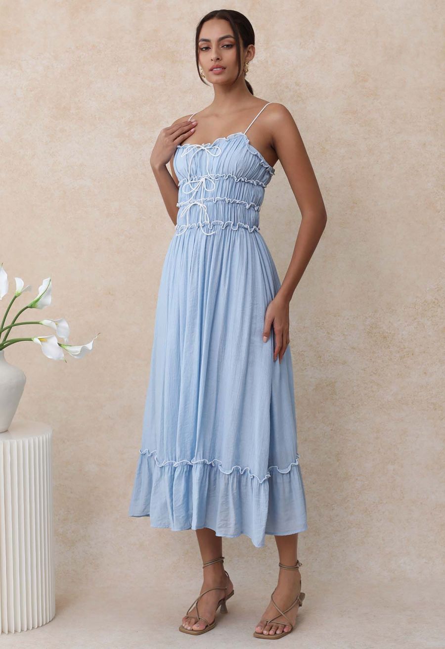 Self-Tie Bowknot Ruffle Cami Midi Dress in Light Blue