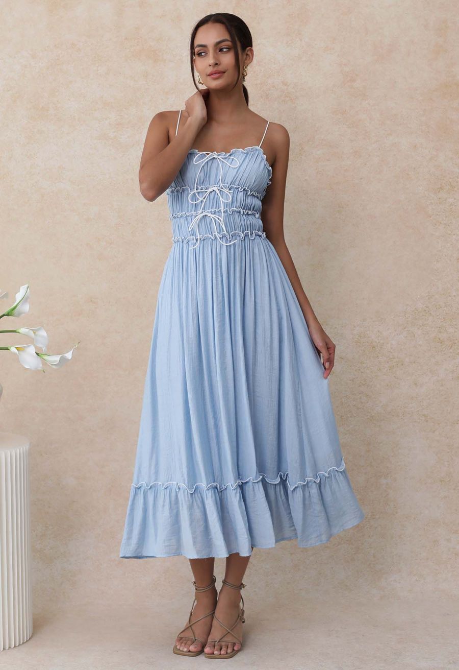 Self-Tie Bowknot Ruffle Cami Midi Dress in Light Blue