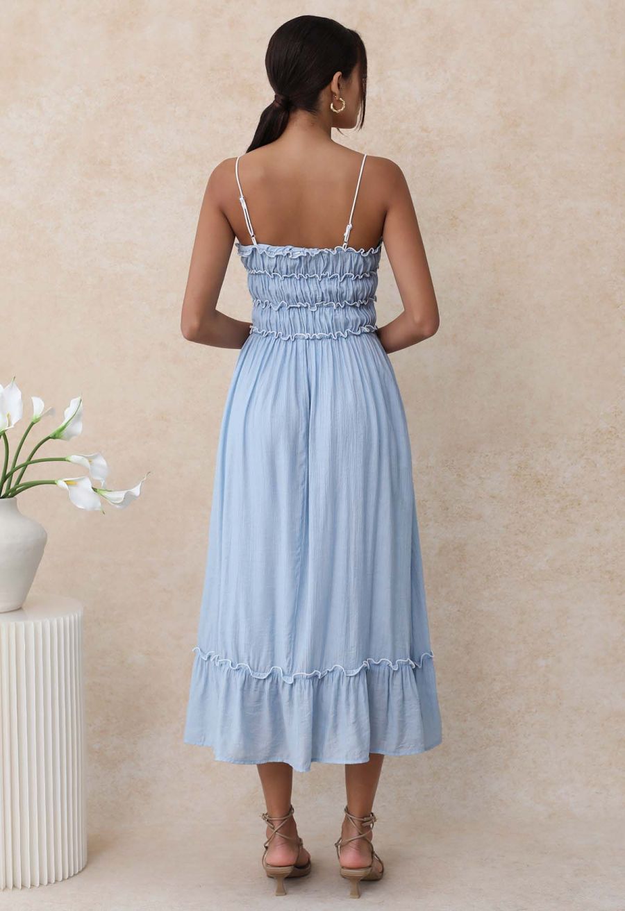 Self-Tie Bowknot Ruffle Cami Midi Dress in Light Blue