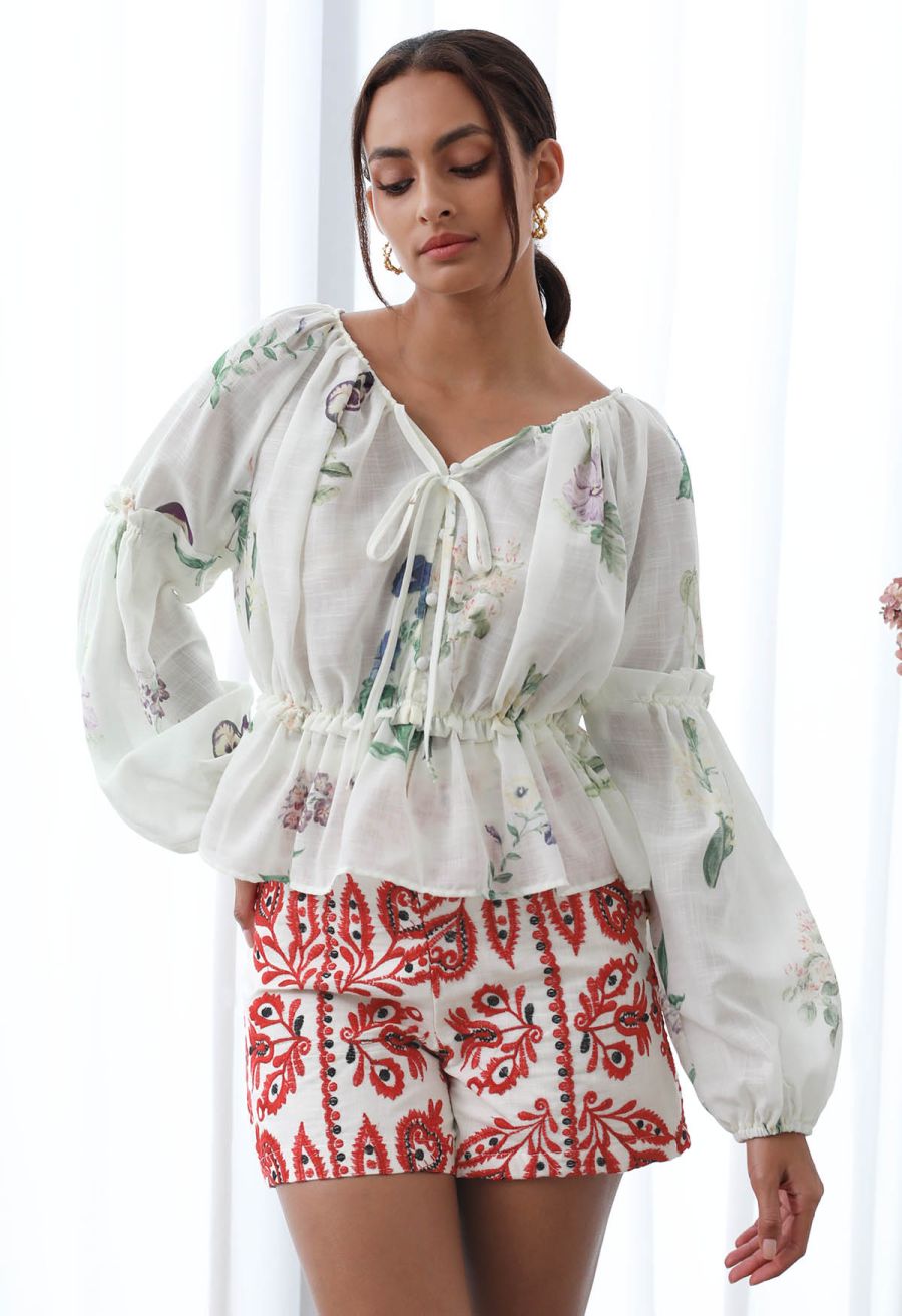 High Waist Floral Embroidered Shorts in Red