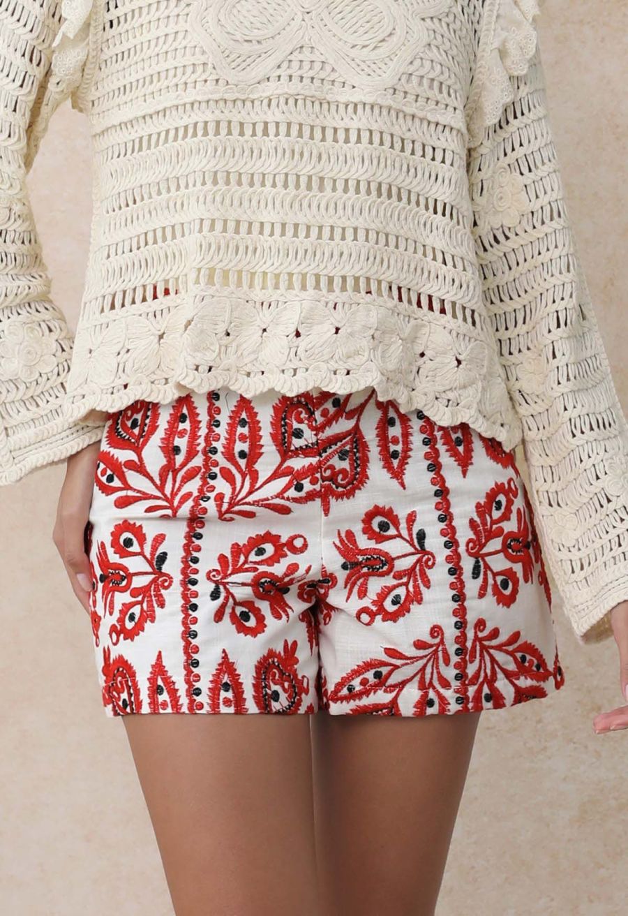 High Waist Floral Embroidered Shorts in Red