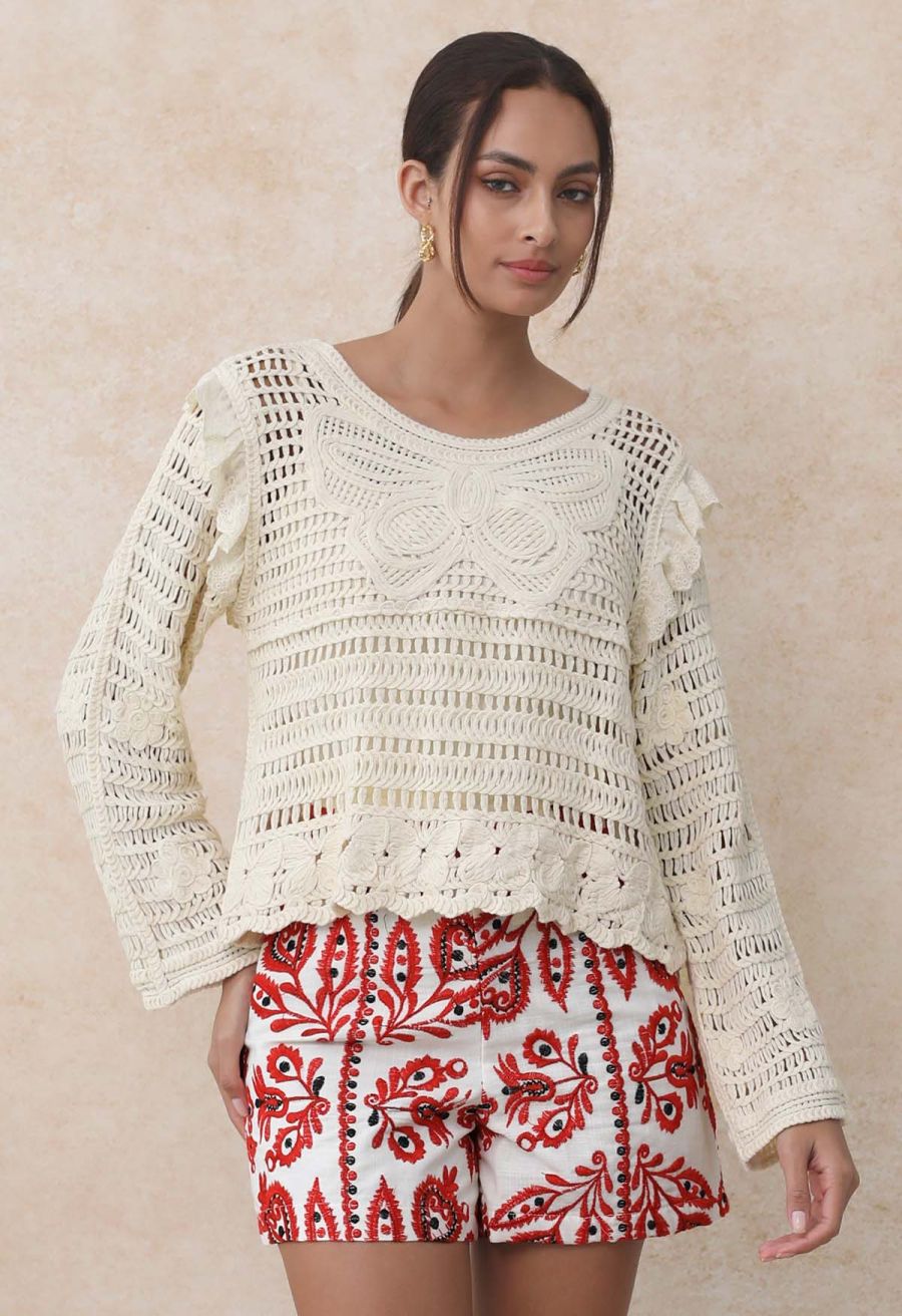 High Waist Floral Embroidered Shorts in Red