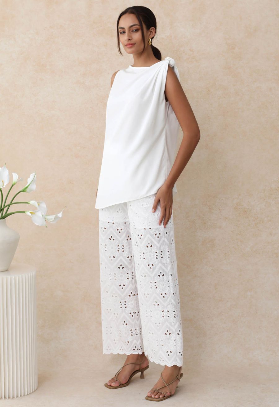 Tile Embroidered Eyelet Cotton Pants in White