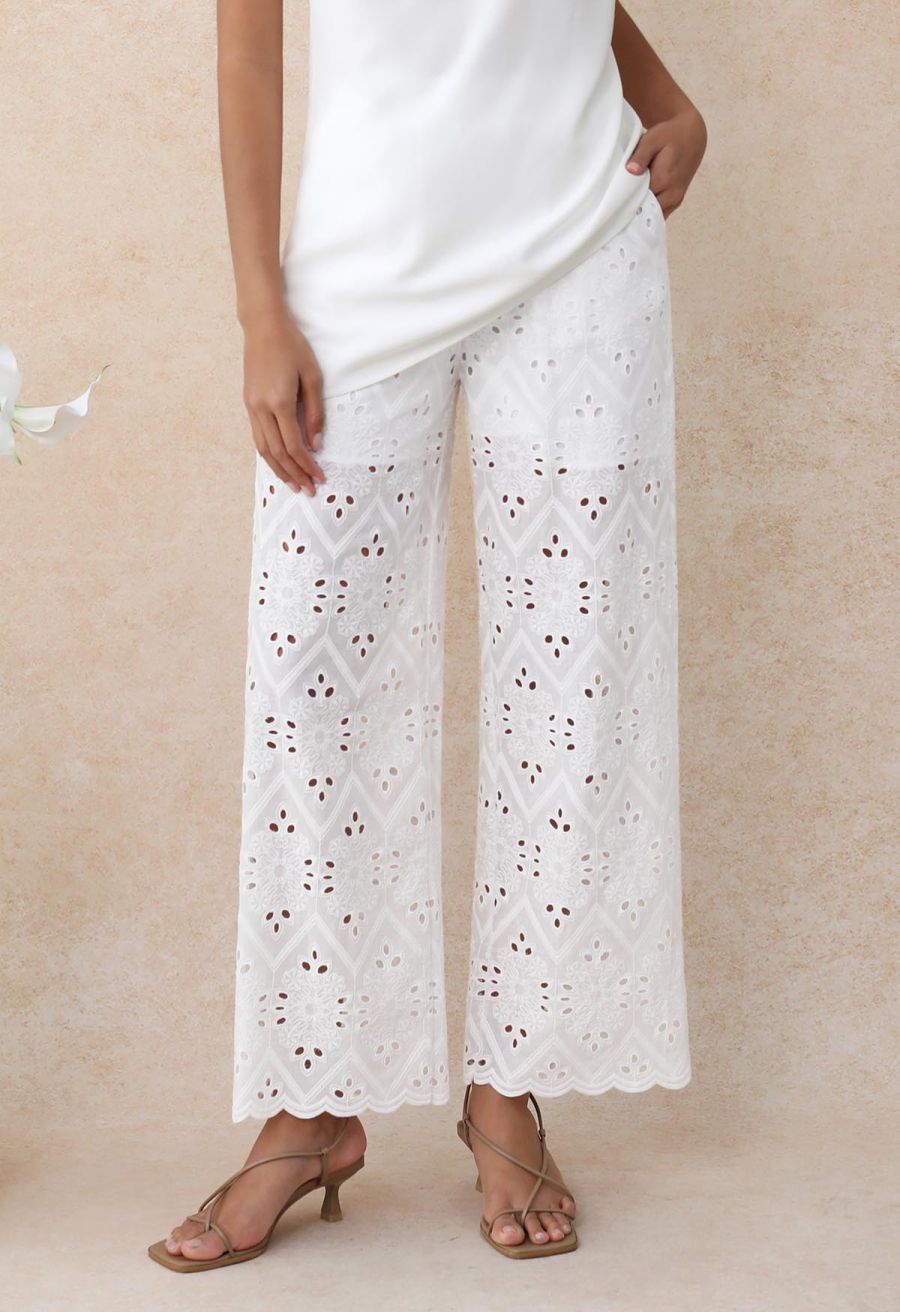 Tile Embroidered Eyelet Cotton Pants in White