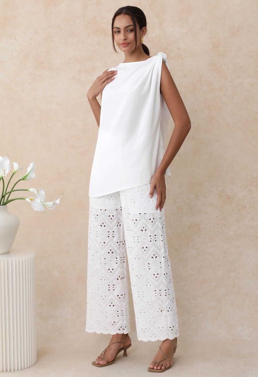 Tile Embroidered Eyelet Cotton Pants in White