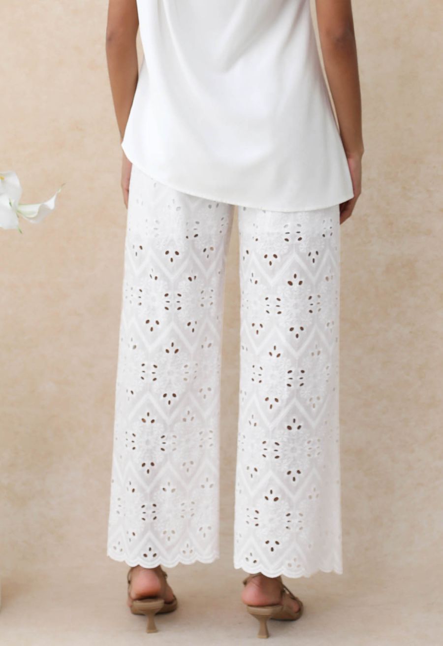 Tile Embroidered Eyelet Cotton Pants in White