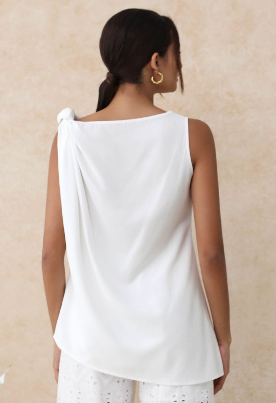 Knot Shoulder Longline Sleeveless Top in White