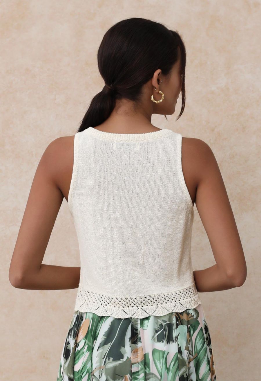Crew Neck Sleeveless Cotton Crop Top in Ivory