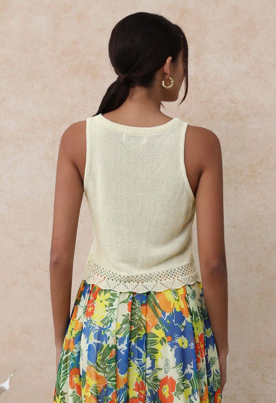 Crew Neck Sleeveless Cotton Crop Top in Light Yellow