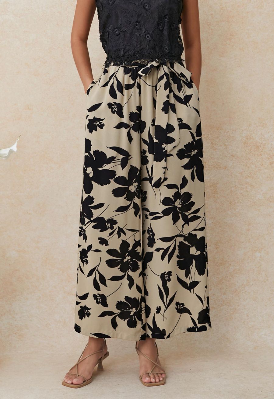 Inky Floral Bowknot Waist Pants