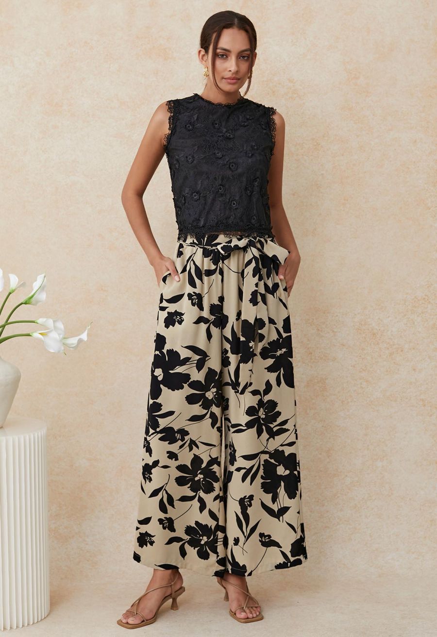 Inky Floral Bowknot Waist Pants