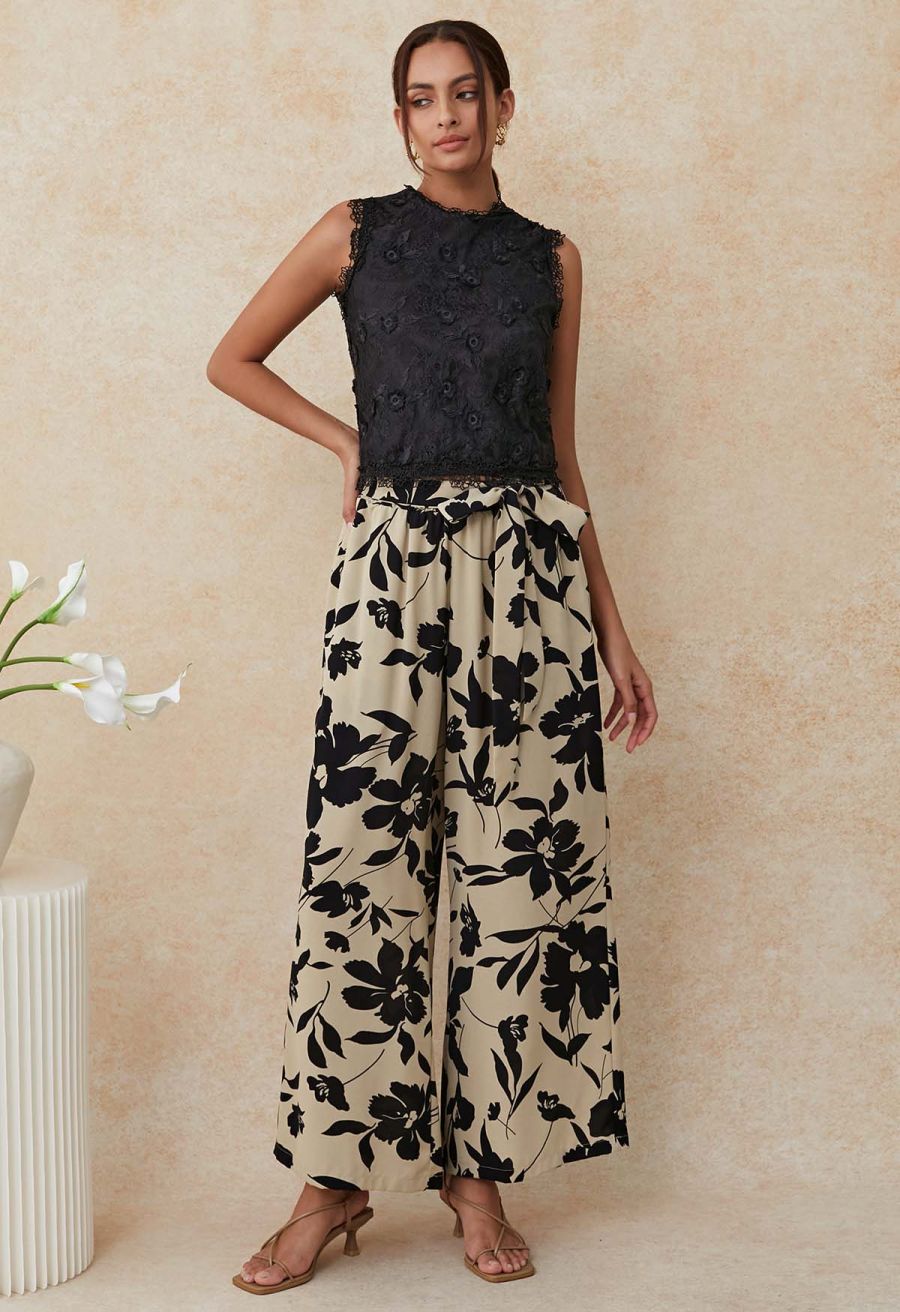 Inky Floral Bowknot Waist Pants
