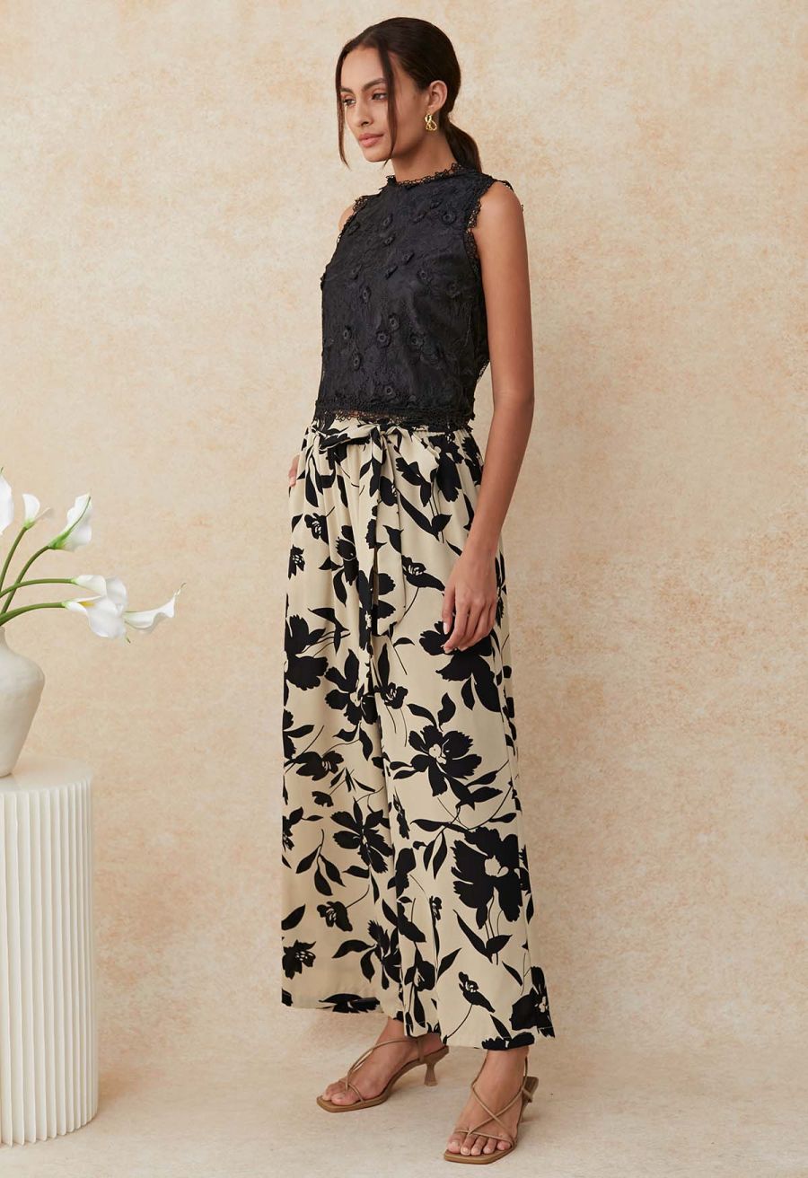 Inky Floral Bowknot Waist Pants