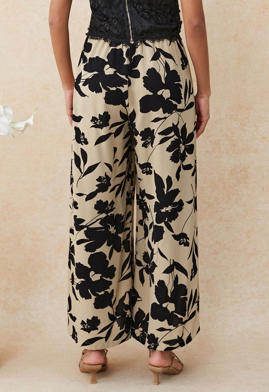 Inky Floral Bowknot Waist Pants