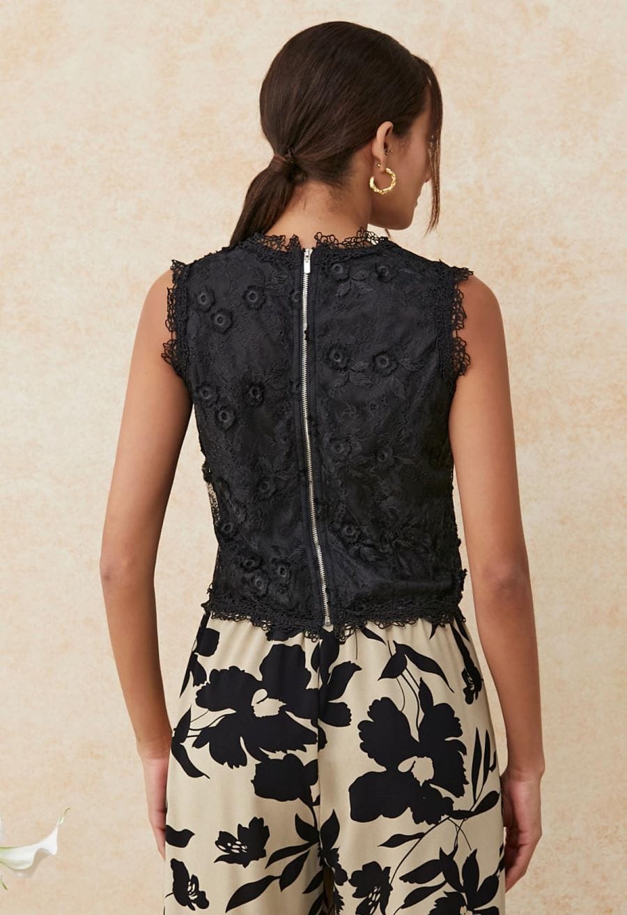Dainty Floret Lace Crochet Crop Top in Black