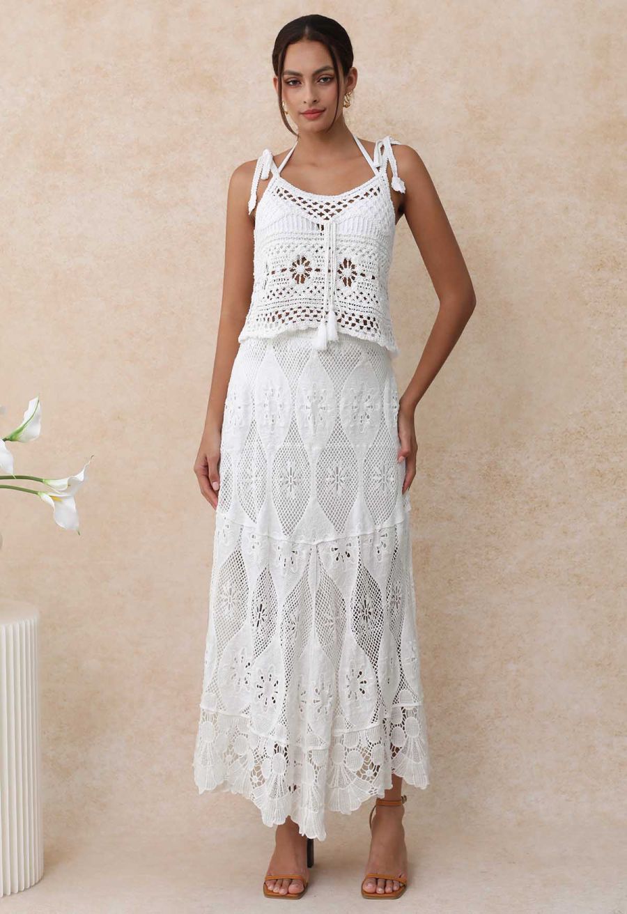 Bohemia Open-Knit Crochet Cotton Maxi Skirt in White