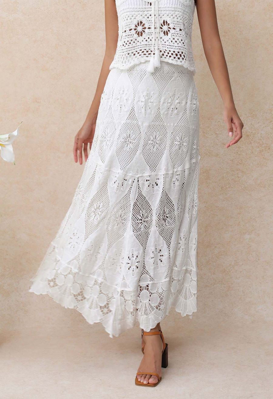 Bohemia Open-Knit Crochet Cotton Maxi Skirt in White