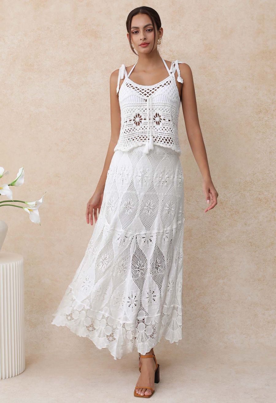 Tassel Front Open-Knit Crochet Cami Top in White