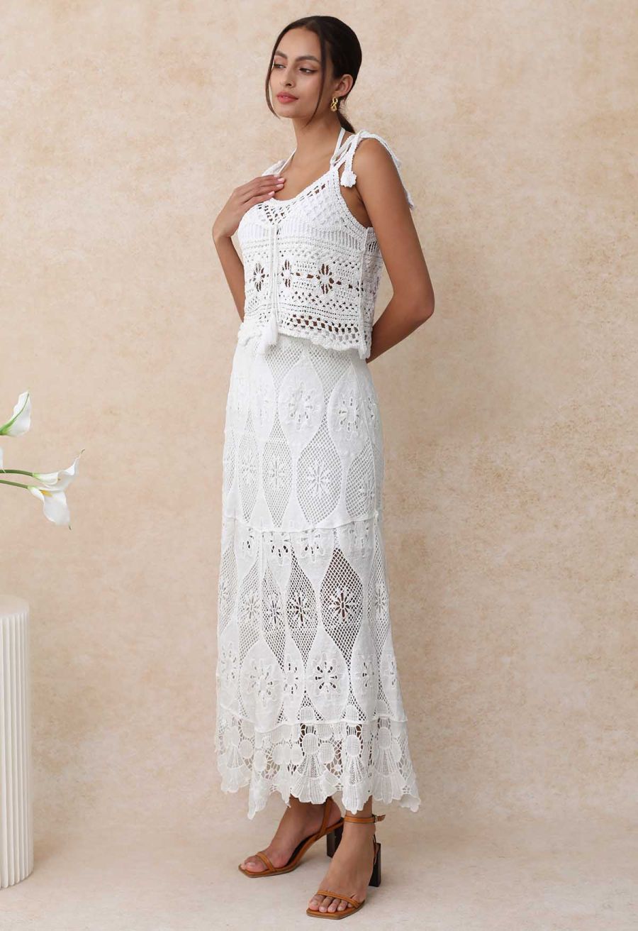 Tassel Front Open-Knit Crochet Cami Top in White