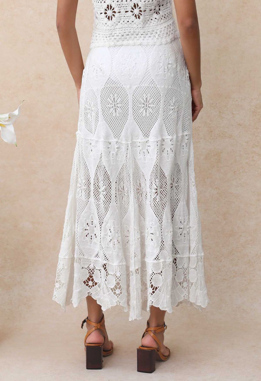 Bohemia Open-Knit Crochet Cotton Maxi Skirt in White