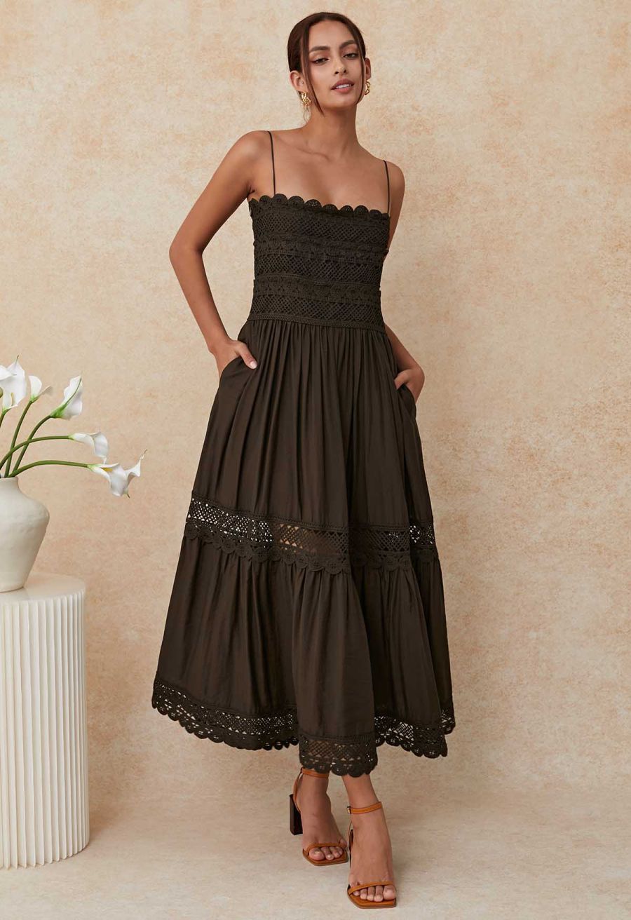 Lace Crochet Inserted Cami Midi Dress in Chocolate