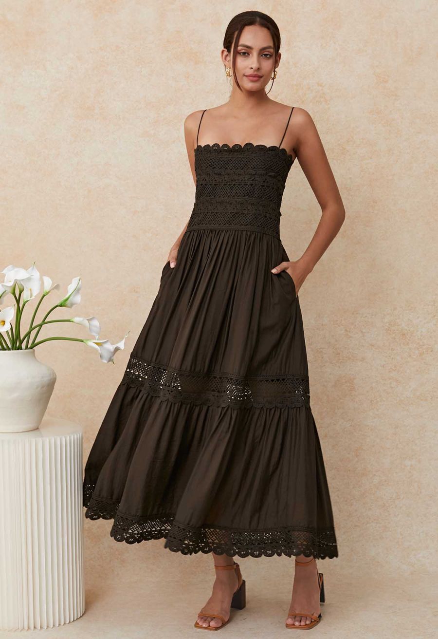 Lace Crochet Inserted Cami Midi Dress in Chocolate