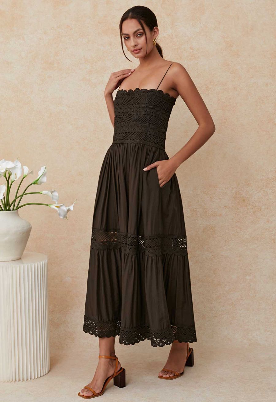 Lace Crochet Inserted Cami Midi Dress in Chocolate