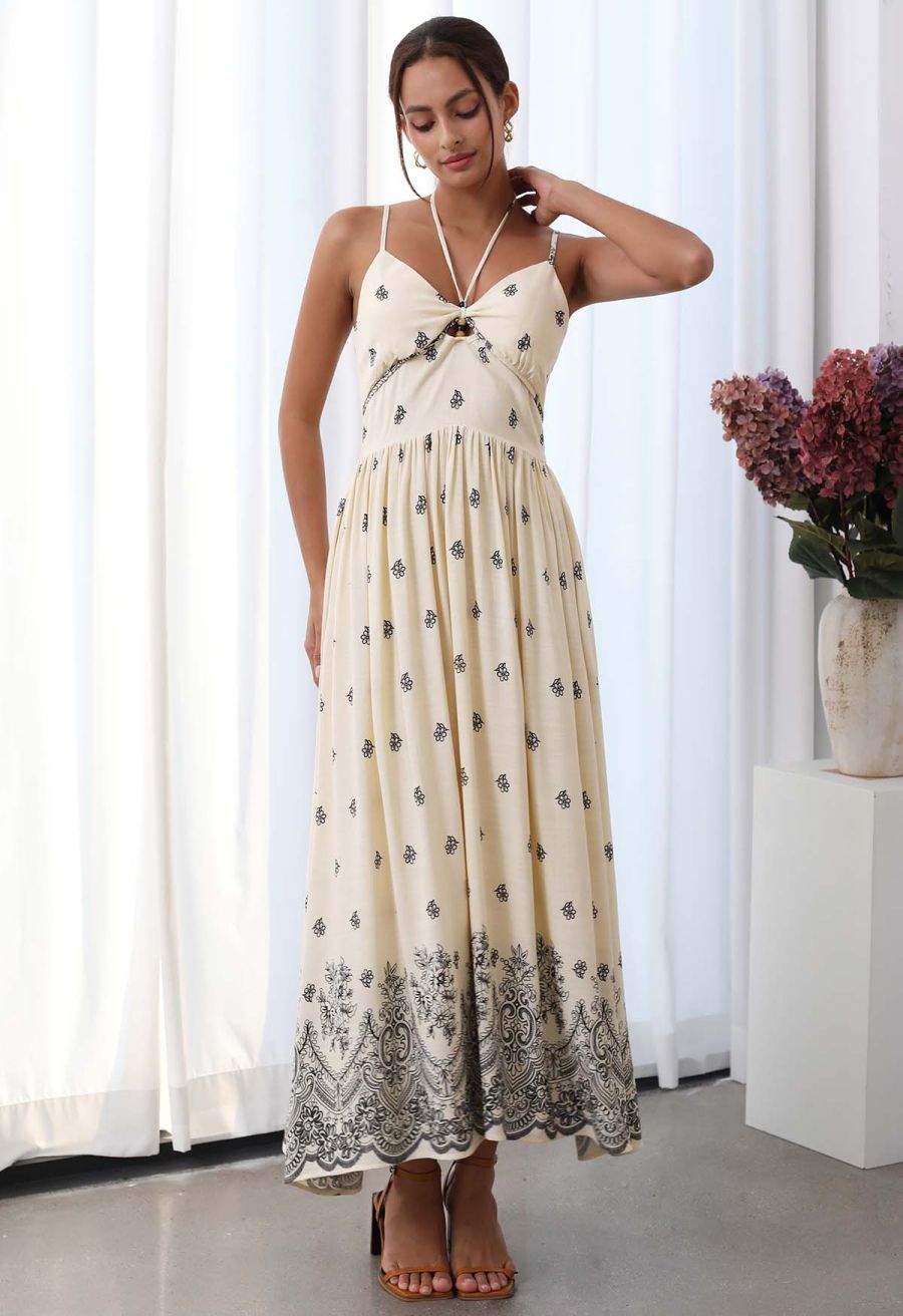 Floral Printed Bead Decor Cami Halter Dress in Cream
