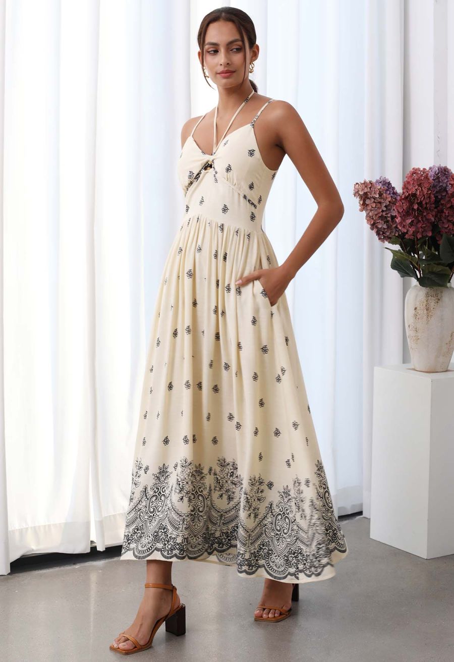 Floral Printed Bead Decor Cami Halter Dress in Cream