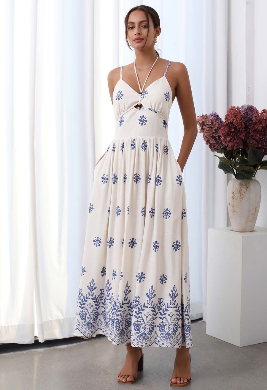 Floral Printed Bead Decor Cami Halter Dress in Ivory
