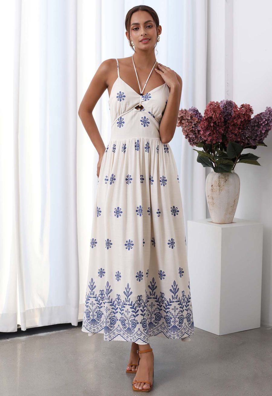 Floral Printed Bead Decor Cami Halter Dress in Ivory