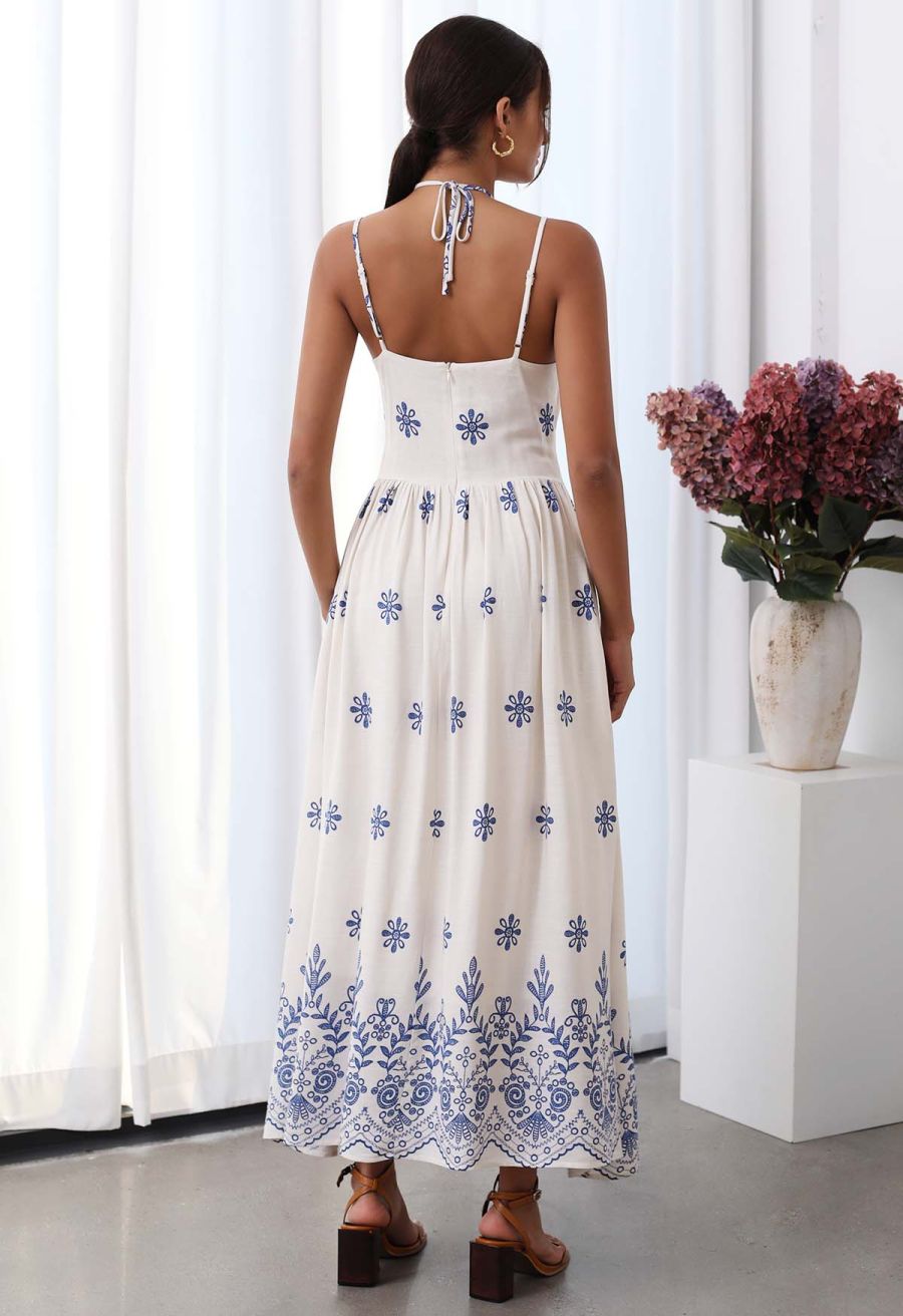Floral Printed Bead Decor Cami Halter Dress in Ivory