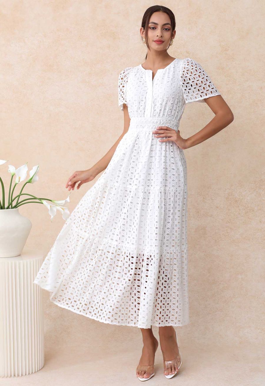 V-Neck Embroidered Eyelet Puff Sleeve Maxi Dress