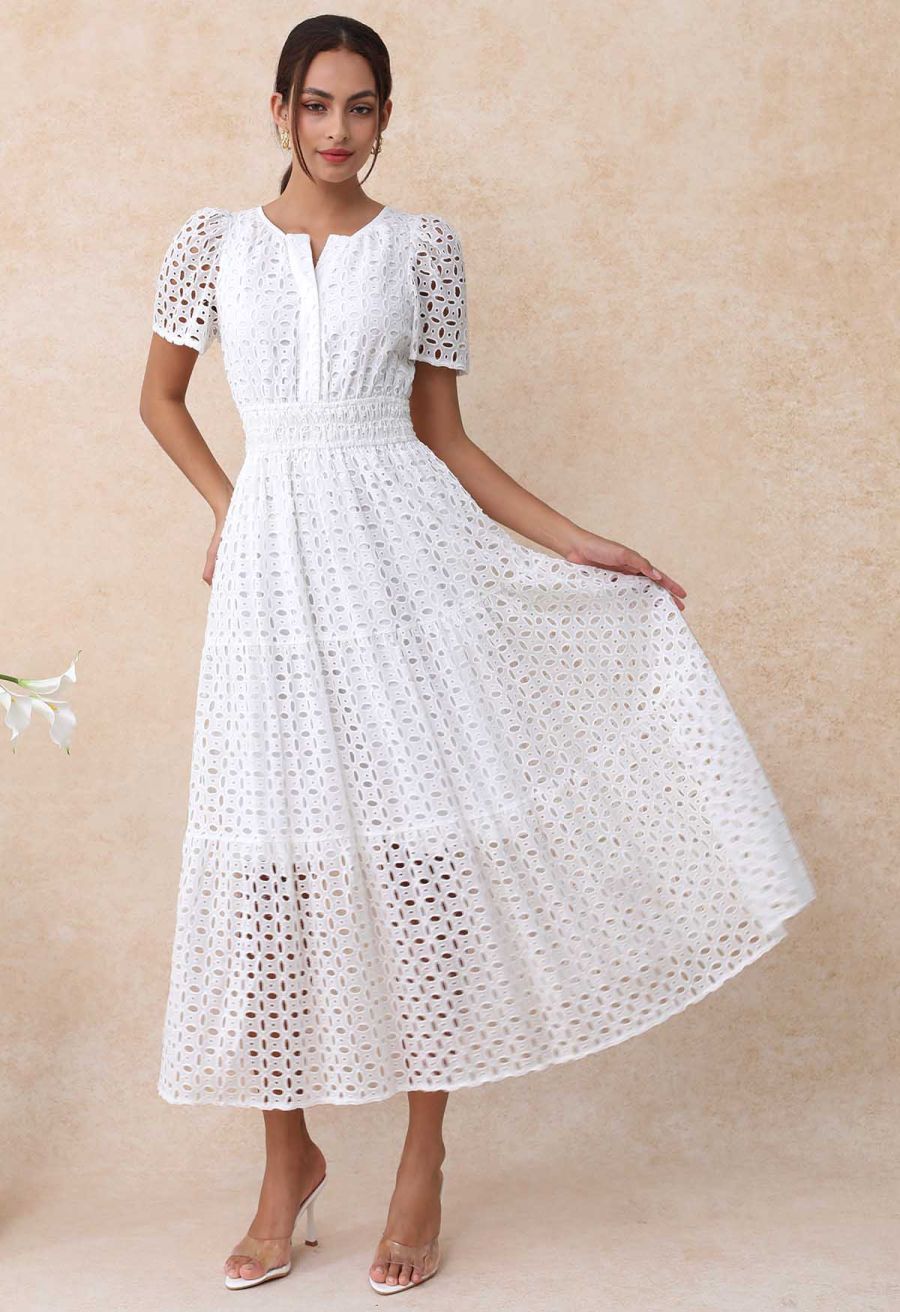 V-Neck Embroidered Eyelet Puff Sleeve Maxi Dress