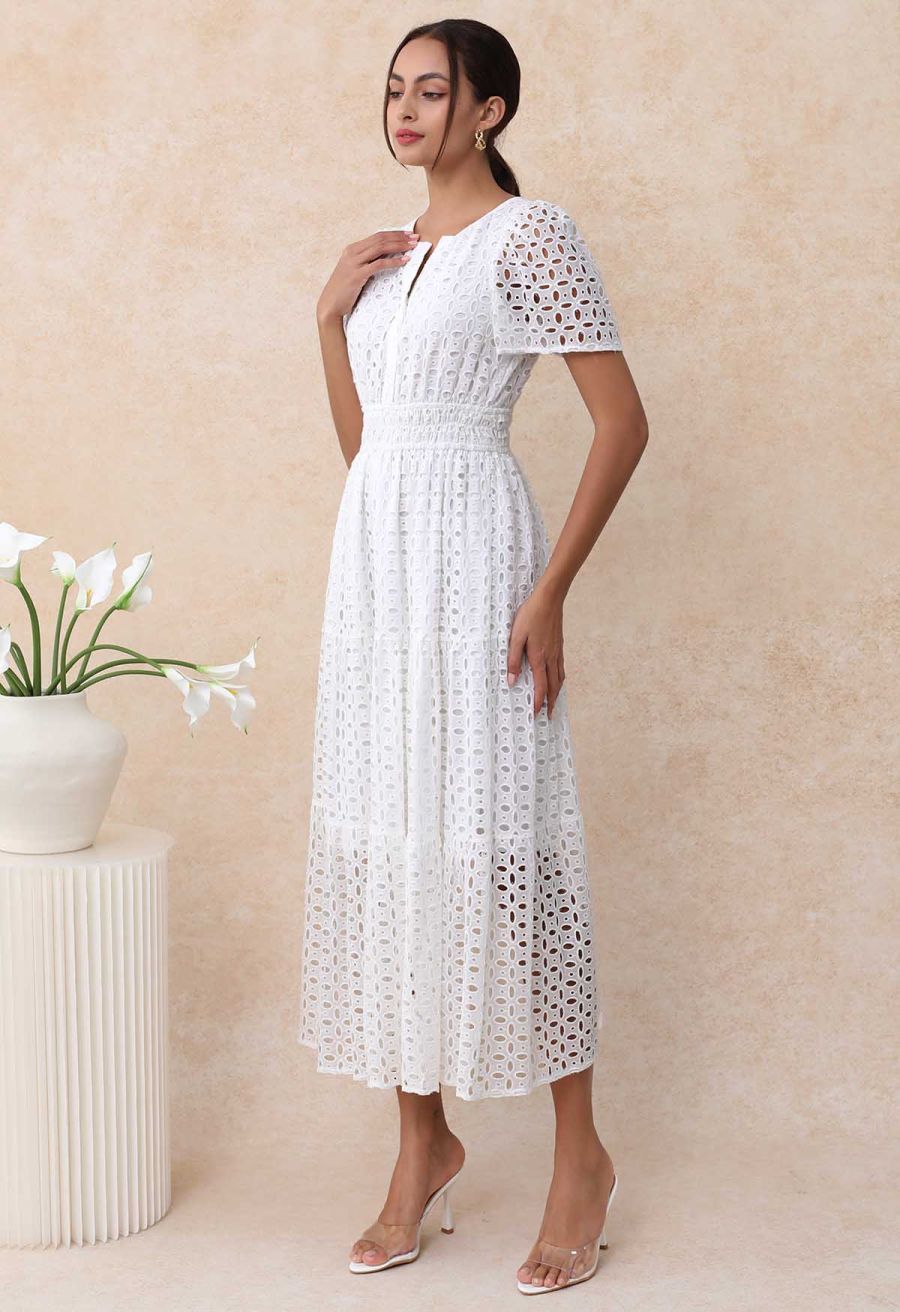 V-Neck Embroidered Eyelet Puff Sleeve Maxi Dress
