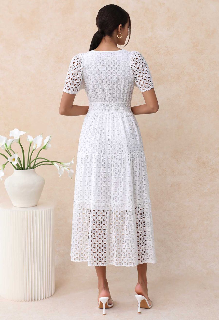 V-Neck Embroidered Eyelet Puff Sleeve Maxi Dress