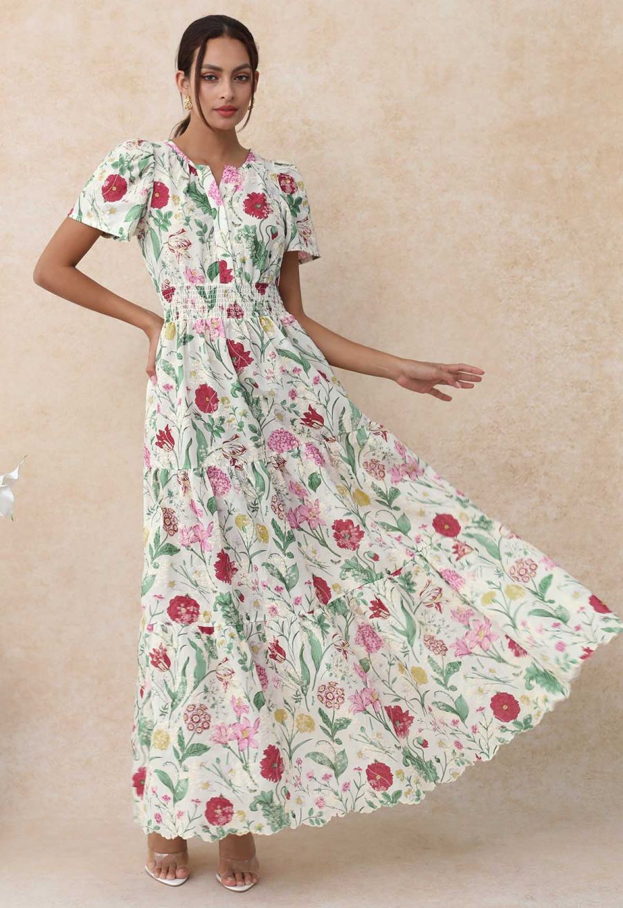 Ebullient Flower Embroidered Frilling Maxi Dress