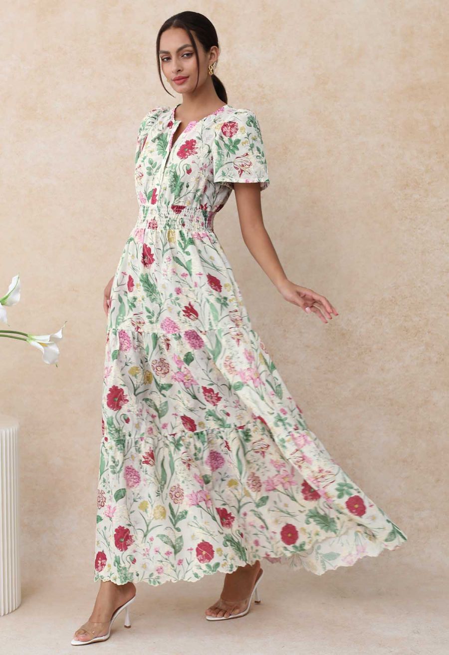 Ebullient Flower Embroidered Frilling Maxi Dress