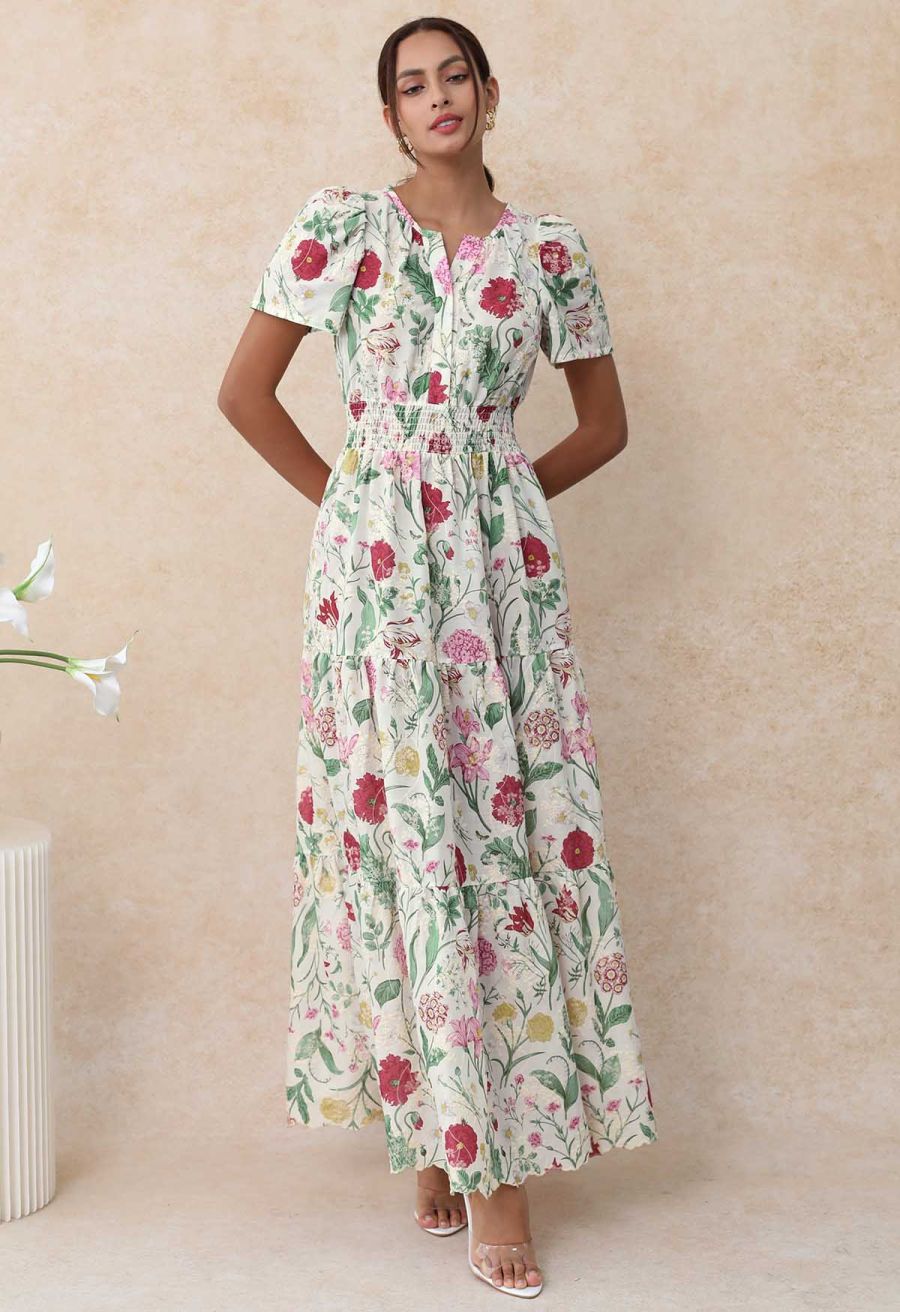Ebullient Flower Embroidered Frilling Maxi Dress