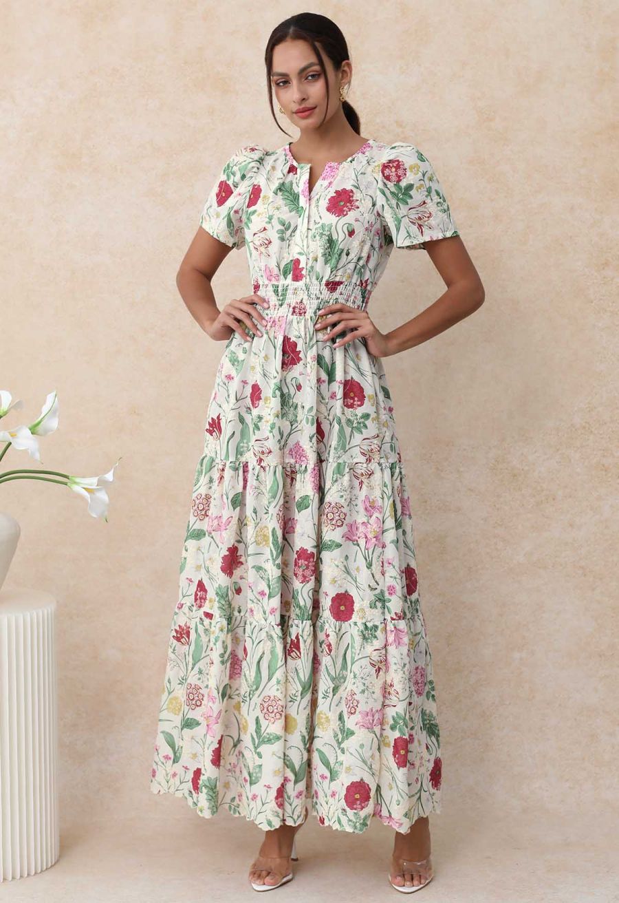 Ebullient Flower Embroidered Frilling Maxi Dress