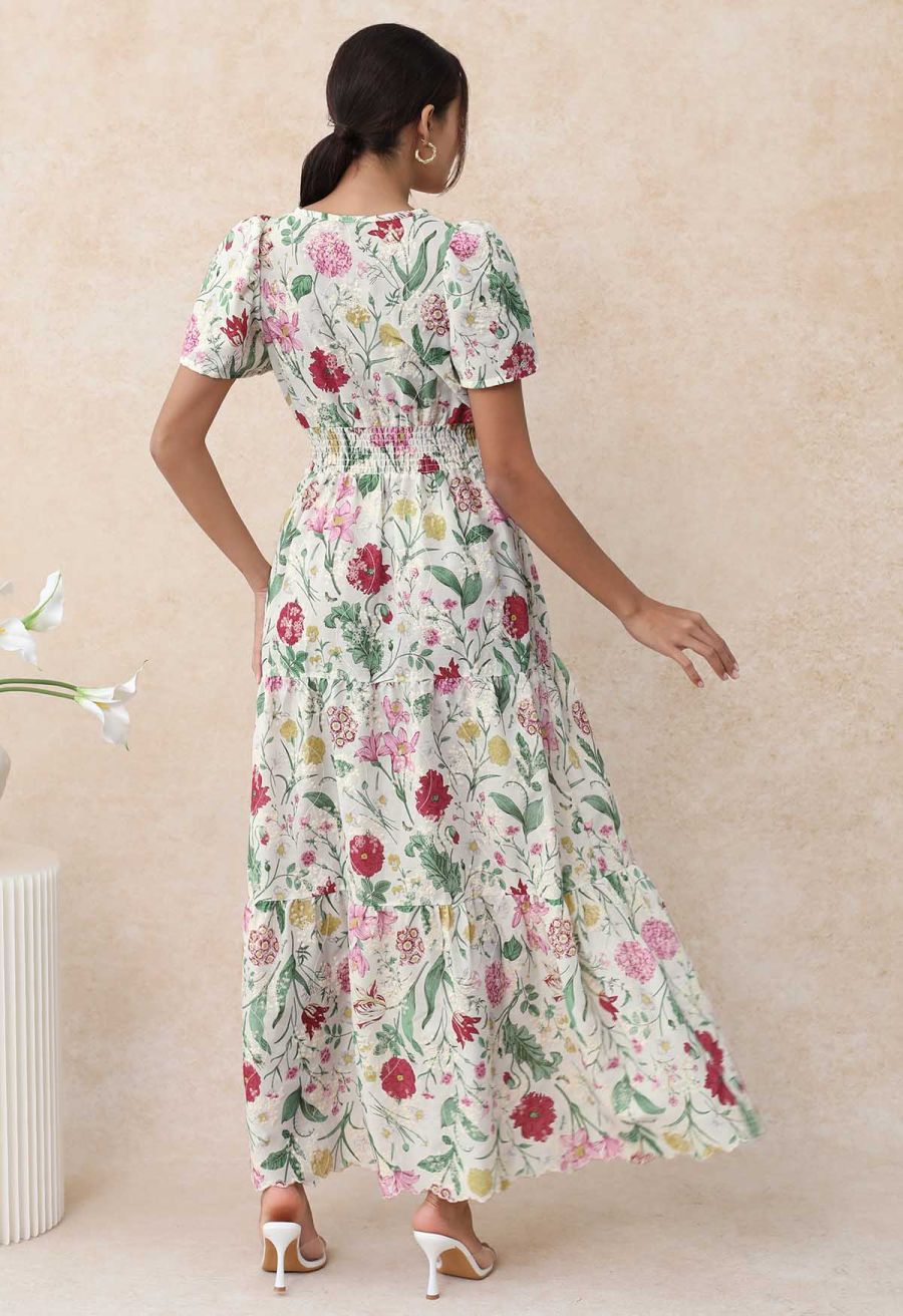Ebullient Flower Embroidered Frilling Maxi Dress
