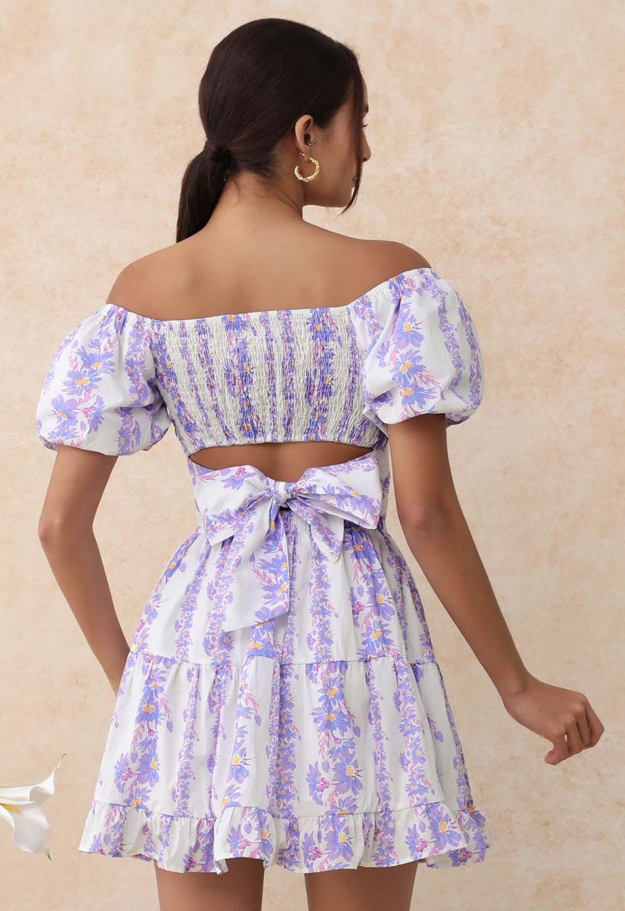 Lilac Daisy Printed Off-Shoulder Top and Mini Skirt Set