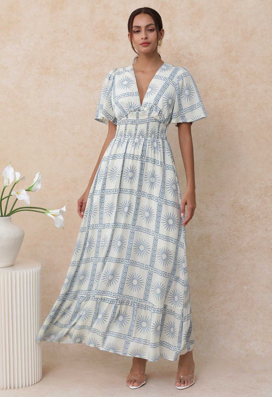 Sun Grid Printed V-Neck Shirred Maxi Dress