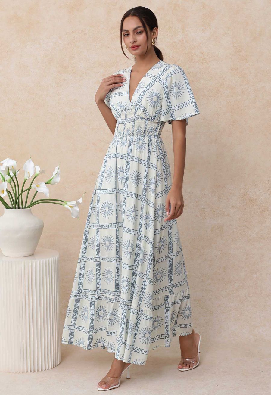 Sun Grid Printed V-Neck Shirred Maxi Dress